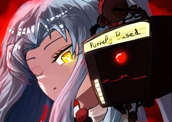 1girl 1other absurdres angela_(project_moon) blue_hair cage character_name collared_shirt commentary curtained_hair english_commentary english_text glowing glowing_eyes highres lobotomy_corporation long_hair looking_at_another necktie one_eye_closed one_side_up project_moon purrelybased red_background red_necktie shirt sidelocks video_thumbnail white_shirt yellow_eyes