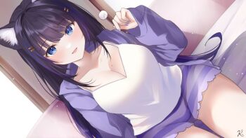 1girl animal_ear_fluff animal_ears arm_up bed_sheet blue_eyes breasts cleavage collarbone commentary_request commission displayer dutch_angle hair_ornament hairclip holding indoors jacket kurage_cc large_breasts long_hair long_sleeves looking_at_viewer mimikaki mole mole_on_breast on_bed open_clothes open_jacket open_mouth purple_hair purple_jacket purple_nails purple_shorts shirt shorts sitting skeb_commission sleeves_past_wrists smile striped_clothes striped_shorts virtual_youtuber white_shirt wolf_ears wolf_girl yoshibana_kokoro