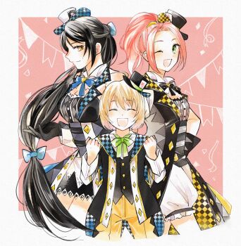 Rule 34 | 1boy, 2girls, alternate costume, black bow, black coat, black hair, black hat, black ribbon, blonde hair, blue bow, blue ribbon, blush, bow, breasts, checkered clothes, closed eyes, closed mouth, coat, commentary request, cowboy shot, curtained hair, eleanor hume, eleanor hume (magician), enoki (megaclam), green bow, green eyes, green ribbon, hair bow, hat, laphicet (tales), long hair, looking at viewer, magician, medium hair, mini hat, mini top hat, multiple girls, official alternate costume, official alternate hairstyle, one eye closed, open mouth, pants, pink hair, ponytail, ribbon, short hair, smile, tales of (series), tales of berseria, top hat, velvet crowe, velvet crowe (magician), very long hair, yellow eyes, yellow pants