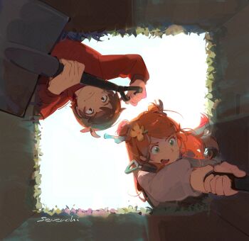 Rule 34 | 1boy, 1girl, animification, antlers, artist name, brown eyes, brown hair, closed mouth, flower, from below, geminitay, green eyes, grian (youtuber), hair bun, hair flower, hair ornament, highres, holding, holding shovel, hole, horns, long hair, long sleeves, looking down, minecraft youtube, open mouth, orange hair, outdoors, past life smp, red sweater, sevenchi, short hair, shovel, sweater, traffic life series