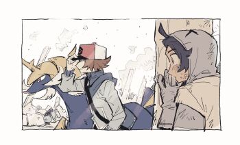 Rule 34 | 2boys, backwards hat, baseball cap, blue jacket, desegnajo649, gen 5 pokemon, hat, hilbert (pokemon), jacket, male focus, multiple boys, nintendo, paxton (pokemon), pokemon, pokemon (creature), pokemon bw, samurott, team plasma, zipper pull tab