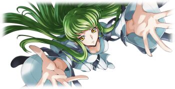 1girl arms_up artist_request blurry breasts c.c. code_geass code_geass:_lost_stories collarbone depth_of_field female_focus foreshortening from_above full_body game_cg green_hair highres long_hair long_sleeves looking_at_viewer looking_up medium_breasts non-web_source official_art parted_lips reaching reaching_towards_viewer shoes sidelocks simple_background solo spread_fingers straitjacket teeth transparent_background very_long_hair white_shoes wide_sleeves yellow_eyes
