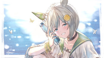 Rule 34 | 1girl, animal ears, blue eyes, blush, bottle, bracelet, brown choker, bug, butterfly, choker, collarbone, commentary request, ear covers, flower, green sailor collar, grey hair, grin, hair between eyes, hair flower, hair ornament, hairclip, holding, holding bottle, horse ears, horse girl, insect, jewelry, long sleeves, looking at viewer, mugen kageno, open mouth, ramune, sailor collar, seiun sky (reeling in the big one) (umamusume), seiun sky (umamusume), shirt, short hair, single ear cover, smile, solo, sunflower, sunflower hair ornament, sweat, teeth, umamusume