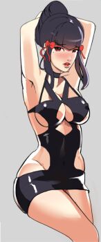 1girl armpits arms_behind_head black_hair bow breasts cleavage cleft_of_venus dress hair_bow large_breasts looking_at_viewer midriff mishima_kazumi_(tekken) mole navel panties panty_peek red_eyes short_dress side_slit simple_background skindentation solo spandex sunbeam_(artist) tekken underwear upskirt