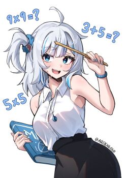 Rule 34 | 1girl, aged up, ahoge, alternate breast size (larger), ardenlolo, bare shoulders, black skirt, blue eyes, blue hair, blue nails, blush, book, breasts, buttons, commentary, contrapposto, english commentary, gawr gura, grey hair, hair ornament, hair scrunchie, highres, holding, holding book, hololive, hololive english, jewelry, math, medium breasts, medium hair, multicolored hair, nail polish, necklace, nervous, one side up, ruler, scrunchie, shirt, simple background, skirt, sleeveless, sleeveless shirt, solo, standing, streaked hair, sweatdrop, teacher, twitter username, virtual youtuber, white background
