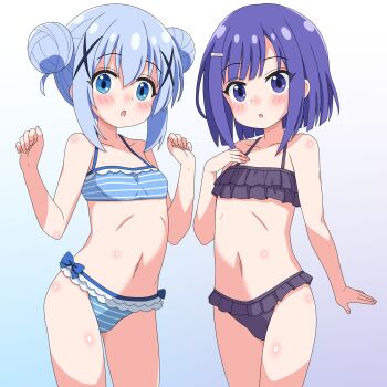 2girls :o bare_arms bare_shoulders bikini black_bikini blue_background blue_bikini blue_eyes blue_hair blush breasts collarbone cowboy_shot double_bun frilled_bikini frills fuiba_fuyu gochuumon_wa_usagi_desu_ka? gradient_background hair_between_eyes hair_bun hair_ornament hairclip hands_up highres kafuu_chino loli long_hair looking_at_viewer multiple_girls navel parted_lips purple_eyes purple_hair ruffle_bikini sakuzo short_hair sidelocks small_breasts standing striped_bikini striped_clothes swimsuit w_arms white_background x_hair_ornament