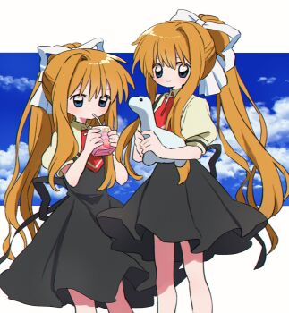 Rule 34 | 2girls, air (visual novel), blue eyes, blue sky, brown hair, clone, closed mouth, cloud, commentary request, drink carton, drinking straw, drinking straw in mouth, hair between eyes, hair ribbon, highres, holding, holding juice box, juice box, kamio misuzu, long sidelocks, looking at viewer, multiple girls, ponytail, puffy short sleeves, puffy sleeves, ri (qrcode), ribbon, school uniform, short sleeves, sidelocks, sky, smile, white ribbon