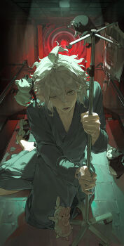 Rule 34 | 1boy, absurdres, barefoot, chinese commentary, commentary request, danganronpa (series), danganronpa 2: goodbye despair, grey pajamas, hair between eyes, highres, hospital gown, intravenous drip, iv stand, kneeling, komaeda nagito, llanz, looking at viewer, lower teeth only, male focus, messy hair, monokuma, monomi (danganronpa), open mouth, pajamas, ringed eyes, saliva, short hair, sweat, teeth, white hair, yellow eyes