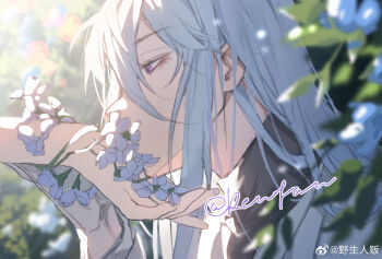 Rule 34 | 1boy, arm vines, black shirt, blurry, cael anselm, chinese commentary, covered mouth, depth of field, eyeshadow, eyeshadow under eye, flower, flower over mouth, from side, gloves, hair between eyes, highres, holding another's wrist, jacket, kiss, kissing hand, leaf, long bangs, long hair, long hair between eyes, long sleeves, looking at hand, lovebrush chronicles, makeup, male focus, out of frame, plant, portrait, profile, purple eyes, red eyeshadow, shirt, sidelocks, solo focus, sunlight, turtleneck, turtleneck shirt, watermark, weibo watermark, white flower, white gloves, white hair, white jacket, yesheng ren fan