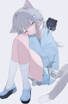 Rule 34 | 1girl, animal ears, blue eyes, blue jacket, blue shoes, blush, bow, cat ears, cat girl, cat tail, commentary, green eyes, grey hair, hair between eyes, hair ornament, hairclip, hennyano (nachoneko), highres, indie virtual youtuber, jacket, looking at viewer, messy hair, nachoneko, nail polish, official alternate costume, official alternate hairstyle, pink hair, pleated skirt, shoes, skirt, smile, socks, solo, untranslatable commentary, tail, twintails, uica, virtual youtuber, white background, white socks