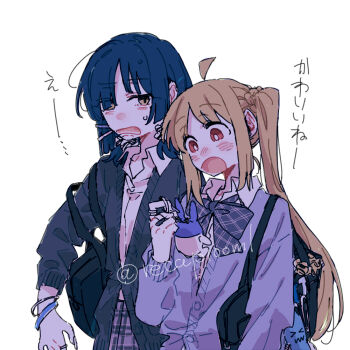 2girls abg ahoge blonde_hair blue_hair bocchi_the_rock! ijichi_nijika multiple_girls ree_(re-19) school_uniform side_ponytail yamada_ryo