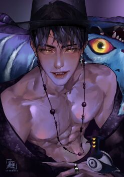 1boy abs aegyo_sal bird black_hair derpy_(kpop_demon_hunters) earrings fangs fingernails gat_(hat) hat highres jewelry jinu_(kpop_demon_hunters) kpop_demon_hunters long_fingernails looking_at_viewer ring short_hair sussie_(kpop_demon_hunters) tiger whiskers yellow_eyes ytxartz