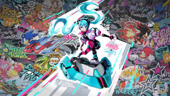 1girl amy_rose animal_ear_headphones animal_ears black_boots black_gloves black_shirt black_shorts blue_eyes blue_hair boots cameo cat_ear_headphones cat_ears character_name charmy_bee colored_shoe_soles commentary_request copyright_name copyright_notice diva_macchina dr._eggman elbow_gloves espio_the_chameleon fake_animal_ears fingerless_gloves floating_hair flying full_body gloves graffiti hair_between_eyes hatsune_miku headphones headset highres holographic_clothing hoverboard jacket jet_the_hawk knuckles_the_echidna logo long_hair looking_at_viewer metal_sonic official_art open_clothes open_jacket running second-party_source shadow_the_hedgehog shirt short_sleeves shorts signature silver_the_hedgehog smile solo sonic_(series) sonic_racing:_crossworlds sonic_the_hedgehog sonic_the_hedgehog_official star_(symbol) storm_the_albatross tails_(sonic) twintails vector_the_crocodile very_long_hair vocaloid wave_the_swallow white_jacket zazz