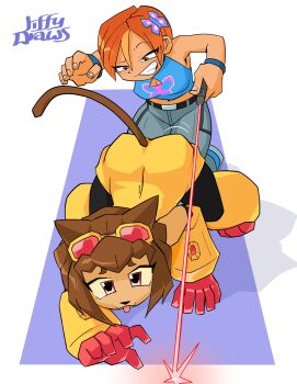 2girls all_fours animal_ears artist_request ass breasts brown_hair butterfly_(planetronika) cat_ears cat_girl cat_tail cleavage cleavage_cutout clothing_cutout crawling crossover curvy full_body furry furry_female gameoverse goggles goggles_on_head grin highres kit_bodega large_breasts laser laser_pointer_projection midriff multiple_girls navel orange_eyes orange_hair pink_eyes planetronika shiny_skin short_hair smile tail thick_thighs thighs title tongue tongue_out wide_hips
