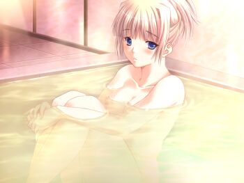 1girl bare_arms bare_legs bare_shoulders bathing blonde_hair blue_eyes blush breasts cecilia_wainsearth completely_nude dungeon_crusaderz game_cg hugging_own_legs knees_up looking_at_viewer m&amp;m_(mickey_and_mackey) nude partially_submerged short_hair sitting thighs water