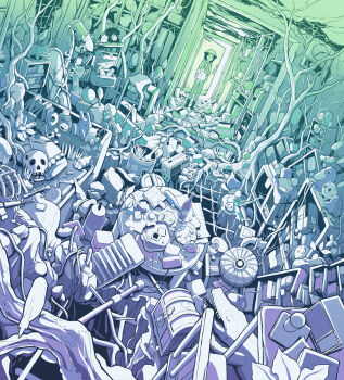 1girl absurdly_detailed_composition bird black_boots black_hair bone boots box clock collared_shirt doll door drawer dutch_angle flashlight globe grass hat hebitsukai highres loaded_interior magnifying_glass mushroom original phone rock shirt short_hair short_sleeves skeleton skull solo table treasure_chest umbrella wide_shot