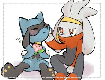 2others animal_ears animal_hands berry_(pokemon) black_fur blue_fur bright_pupils closed_eyes eating full_body furry gen_4_pokemon gen_8_pokemon grey_fur looking_at_another multiple_others nintendo pecha_berry pokemon pokemon_(creature) rabbit_ears raboot red_eyes red_fur riolu simple_background sitting sstoh two-tone_fur white_background white_pupils