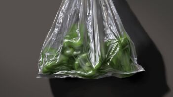 Rule 34 | bag, bell pepper, food, green bell pepper, grey background, highres, naoya ohtani, no humans, original, plastic bag, realistic, shadow, still life, vegetable