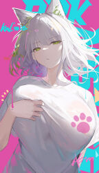 Rule 34 | 1girl, animal ear fluff, animal ears, arknights, breasts, cat ears, cat girl, character name, green eyes, half-closed eyes, highres, kal&#039;tsit (arknights), large breasts, looking at viewer, omone hokoma agm, paw print, pink background, shirt, short hair, short sleeves, solo, white hair, white shirt