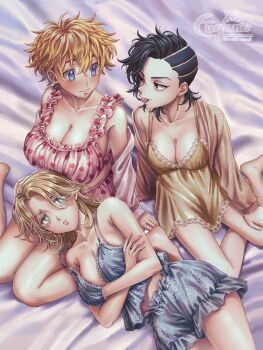 29o52413 3girls asymmetrical_hair babydoll black_hair blonde_hair blue_eyes blue_shorts blue_tank_top breasts burn_scar cleavage earrings floral_print food food_print frilled_babydoll frilled_shorts frills fruit_print genderswap genderswap_(mtf) green_eyes hair_between_eyes hanagaki_takemichi highres huge_breasts inui_seishu jewelry kokonoi_hajime large_breasts long_sleeves looking_at_another macaron multiple_girls rose_print scar scar_on_face short_hair shorts single_earring sleepwear smile strawberry_print tank_top tokyo_revengers tsurime undercut yellow_babydoll yuri