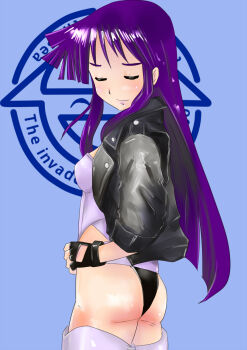 1girl aizawa_chizuru closed_eyes cosplay female_focus fingerless_gloves ghost_in_the_shell ghost_in_the_shell:_stand_alone_complex gloves highleg highleg_leotard highres hyakute_gyojin jacket kategori kusanagi_motoko kusanagi_motoko_(cosplay) laughing_man_(gits) leotard logo long_hair purple_hair shinryaku!_ikamusume solo thighhighs