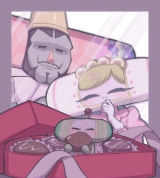 Rule 34 | 1girl, 2boys, :3, absurdres, antennae, beard, black hair, blonde hair, blush, box, box of chocolates, chinstrap beard, chocolate, closed eyes, commentary request, crown, eating, facial hair, family, food, food on face, gloves, hand to own mouth, head tilt, heart-shaped box, highres, holding, holding chocolate, holding food, in box, in container, juliet sleeves, katamari damacy, king of all cosmos, long eyelashes, long sleeves, looking at another, multiple boys, mustache, narrowed eyes, neck ruff, pink shirt, puffy sleeves, queen of all cosmos, ribbon, shirt, smile, the prince (katamari damacy), triangle nose, turtleneck, umm15, white gloves