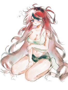 1girl absurdly_long_hair ahoge between_legs black_hair blue_eyes blush breasts camisole chinese_commentary cleavage collarbone commentary_request drooling full_body genderswap genderswap_(mtf) green_camisole green_shorts hand_between_legs hand_on_own_arm highres large_breasts long_hair mouth_drool multicolored_hair red_hair shorts simple_background sketch sleepy socks solo streaked_hair sumino_takumi tareme the_hundred_line_-last_defense_academy- very_long_hair white_background white_socks yanrenxi20831