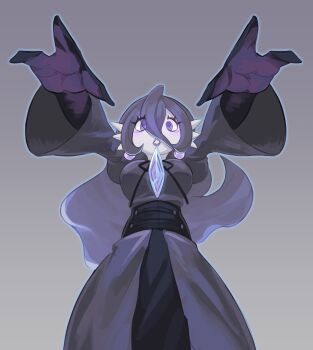 1girl @_@ absurdres arms_up bags_under_eyes black_ribbon blue_outline breasts colored_skin commission dress earrings female_focus fewer_digits from_below fusion gardevoir gen_3_pokemon grey_background hair_between_eyes hex_maniac_(pokemon) hex_maniac_(pokemon_legends:_z-a) highres jewelry juliet_sleeves lipstick long_dress long_hair long_sleeves looking_at_viewer makeup medium_breasts multicolored_skin neck_ribbon nintendo outline outstretched_arms parted_lips pokemon pokemon_(creature) pokemon_legends:_z-a puffy_sleeves purple_dress purple_eyes purple_hair purple_lips purple_skin ribbon sash sidelocks simple_background solo spread_fingers standing straight-on telosturntable two-tone_skin white_skin wide-eyed wide_sleeves