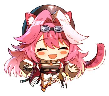 1girl animal_ear_fluff animal_ears black_gloves blush blush_stickers breasts brown_hat chibi chibi_only cleavage closed_eyes commentary_request ddolbang eyelashes fangs full_body gloves goggles goggles_on_head hair_intakes hat hololive hololive_english jewelry korean_commentary long_hair multicolored_hair multiple_rings open_mouth panther_ears panther_girl panther_tail partially_fingerless_gloves pink_hair raora_panthera raora_panthera_(1st_costume) ring single_glove smile solo tail transparent_background two-tone_hair virtual_youtuber white_hair