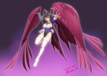 1girl adapted_costume black_hair bob_cut breasts brown_eyes cleavage coattails cropped_jacket dated gloves gundam_wing:_endless_waltz haguro_(kancolle) haguro_kai_ni_(kancolle) hair_ornament highleg highleg_leotard jacket kantai_collection large_breasts leotard moke_ro multicolored_leotard purple_jacket purple_wings rabbit_tail short_hair solo super_robot_wars super_robot_wars_dd tail twitter_username white_gloves wings