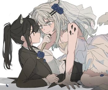 2girls animal_ears arknights artist_name black_hair black_jacket black_pants black_suit blue_flower bridal_veil bride brown_eyes closed_mouth commentary_request dress female_focus flower formal_clothes grey_eyes groom jacket korean_commentary lappland_(arknights) long_hair long_sleeves material_growth multiple_girls oripathy_lesion_(arknights) pants reclining scar scar_across_eye scar_on_face seri_(vyrlw) shirt simple_background straddling suit suit_jacket tail texas_(arknights) veil wedding_dress white_background white_dress white_hair white_shirt wife_and_wife wolf_ears wolf_tail yuri