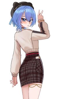 1girl beret black_hat blue_eyes blue_hair brown_skirt chrispy_tuna commentary double-parted_bangs english_commentary from_behind hair_between_eyes hand_up hat highres hololive hoshimachi_suisei hoshimachi_suisei_(micomet) jewelry long_sleeves looking_at_viewer looking_back official_alternate_costume pencil_skirt plaid_clothes plaid_skirt short_hair simple_background skirt solo star_(symbol) star_in_eye sweater symbol_in_eye thighlet v virtual_youtuber white_background white_sweater