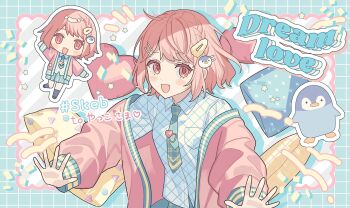 1girl :d bird blush_stickers chibi collared_shirt commentary commission dot_nose drop_shadow green_necktie hair_ornament hairclip hashtag-only_commentary heart_pin highres jacket long_sleeves looking_at_viewer moo_n_moko multiple_views necktie open_clothes open_jacket open_mouth original outstretched_arms parallel_hairclips penguin penguin_hair_ornament pink_eyes pink_hair pink_jacket shirt short_hair skeb_commission smile upper_body white_shirt