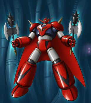 Rule 34 | alternate form, arm blade, armor, axe, battle axe, blue armor, cable, chipped paint, clenched hands, club, club (weapon), commentary request, dual wielding, flying, forehead jewel, full body, getter dragon, getter robo, head spikes, highres, holding, holding axe, indoors, mecha, mecha focus, multicolored armor, red armor, robot, scratched paint, shin getter robo, shoulder spikes, solo, spiked club, spikes, super robot, tomolow1971, weapon, yellow eyes