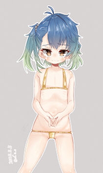 1girl bikini blue_hair brown_eyes closed_mouth commentary_request dated flat_chest fukae_(kancolle) gold_bikini gradient_hair green_hair grey_background highres kantai_collection loli medium_hair mf_u_c micro_bikini multicolored_hair navel one_side_up outline own_hands_together signature simple_background solo swimsuit wavy_eyes wavy_mouth white_outline