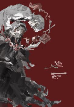 1boy 1girl black_cloak black_hair black_hood bone brain cloak commentary_request covered_mouth eyeball fate/strange_fake fate_(series) flower formal_clothes heart highres hood hood_up intestines jester_karture long_sleeves mask no_name_assassin_(fate) open_mouth parted_bangs prover_crinolin provercrinolin red_background red_eyes red_flower red_rose rose short_hair simple_background smile suit white_hair white_suit