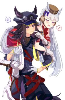 2girls absurdres anger_vein animal_ears armband black_hair black_jacket black_pants black_shirt blunt_bangs blush bow bowtie brown_hat carrying carrying_over_shoulder carrying_person cheek_poking closed_mouth commentary dress ear_bow ear_ribbon ears_through_headwear fenomeno_(black_flames_of_the_righteous_spirit)_(umamusume) fenomeno_(umamusume) flipped_hair gloves gold_ship_(red_strife)_(umamusume) gold_ship_(umamusume) grey_hair hat highres horse_ears horse_girl horse_tail horseshoe_hat_ornament horseshoe_ornament jacket komeko97 long_hair long_sleeves multicolored_hair multiple_girls musical_note open_mouth over_shoulder pants pantyhose peaked_cap pillbox_hat poking purple_bow purple_eyes purple_hair red_bow red_bowtie red_dress shirt simple_background sleeveless sleeveless_dress smile speech_bubble spoken_anger_vein striped_armband striped_clothes tail umamusume white_background white_gloves white_pantyhose