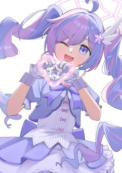 1girl :d absurdres ahoge blue_archive drill_hair fukujin gloves hair_ornament halo heart heart_hands highres long_hair looking_at_viewer magical_girl multicolored_hair one_eye_closed open_mouth pink_hair pink_halo puffy_short_sleeves puffy_sleeves purple_eyes purple_hair reisa_(blue_archive) reisa_(magical)_(blue_archive) revision short_sleeves simple_background smile solo star_(symbol) star_hair_ornament star_halo twin_drills twintails two-tone_hair white_background white_gloves wing_hair_ornament