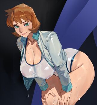 1girl alternate_breast_size_(larger) bent_over blue_jacket blush breasts brown_hair cleavage commentary_request cowboy_shot cowlick green_eyes highres jacket large_breasts long_sleeves looking_at_viewer misty_(pokemon) nintendo one-piece_swimsuit open_clothes open_jacket orange_hair pokemon pokemon_heartgold_and_soulsilver short_hair smile solo swimsuit taiyang_yu wet wet_clothes wet_one-piece_swimsuit wet_swimsuit white_one-piece_swimsuit