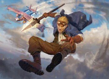 1boy absurdres aircraft airplane ascot billy_christian blue_jacket boots brown_gloves cid_highwind cloud final_fantasy final_fantasy_vii gloves glowing glowing_weapon goggles goggles_on_head highres holding holding_polearm holding_weapon jacket looking_at_viewer magic:_the_gathering midair official_art polearm smile solo spear weapon