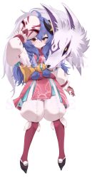 Rule 34 | 1girl, ahoge, blue hair, bow, braid, full body, fur trim, hair bow, highres, horns, kindred (league of legends), lamb (league of legends), league of legends, long hair, long sleeves, mask lift, momikodayo, official alternate costume, orange bow, puffy pants, sheep girl, simple background, spirit blossom kindred, standing, twin braids, white background, wolf (league of legends)