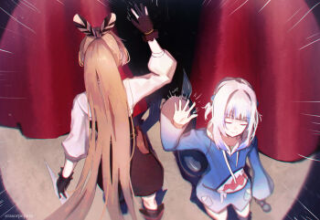 2girls absurdres black_gloves blue_hair blue_hoodie brown_hair closed_eyes curtains drawstring emphasis_lines erasorpepero facing_away feather_hair_ornament feathers gawr_gura gawr_gura_(1st_costume) gloves hair_ornament high_five highres holding holding_microphone holding_paper hololive hololive_english hood hoodie long_hair microphone multicolored_hair multiple_girls nanashi_mumei nanashi_mumei_(1st_costume) paper partially_fingerless_gloves puffy_sleeves streaked_hair very_long_hair virtual_youtuber white_hair