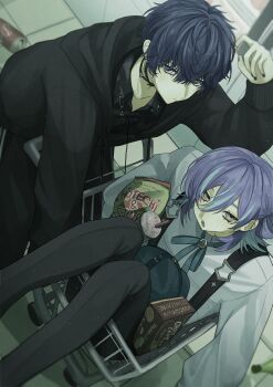 2boys absurdres aqua_eyes black_jacket black_pants blue_hair commentary_request dutch_angle expressionless hair_between_eyes half_updo highres hoshirube_sho hoshirube_sho_(2nd_costume) in_shopping_cart jacket koyanagi_rou koyanagi_rou_(3rd_costume) long_sleeves looking_at_viewer male_focus medium_hair multicolored_hair multiple_boys neck_ribbon nijisanji pants pucorn_(popcorn_popo_n) purple_hair ribbon shirt shopping_cart short_hair streaked_hair suspenders virtual_youtuber white_shirt