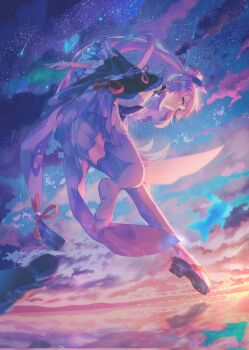 1girl beads black_choker black_dress black_sandals blue_gemstone blue_sky bow-shaped_hair choker closed_mouth cloud cloudy_sky commentary dress english_commentary evening floating_clothes floating_hair frills full_body gem genshin_impact gloves gradient_sky highres jewelry kiwiteamlp long_hair long_sleeves looking_at_viewer low_ponytail mountain outdoors pendant pink_hair pink_sky ponytail purple_eyes red_ribbon reflection ribbon sandals sangonomiya_kokomi shooting_star sidelocks single_sandal sky smile solo sparkle star_(sky) starry_sky tassel thighhighs white_gloves white_thighhighs wide_sleeves