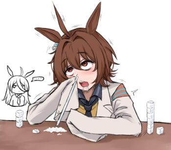 ... 2girls agnes_tachyon_(tach-nology)_(umamusume) agnes_tachyon_(umamusume) ahoge animal_ears black_necktie brown_hair collared_shirt commentary earrings english_commentary expressive_hair hair_between_eyes horse_ears horse_girl jewelry lab_coat long_hair_between_eyes manhattan_cafe_(umamusume) medium_hair messy_hair multiple_girls necktie open_mouth red_eyes saliva shirt sidelocks simple_background single_earring sleeves_past_wrists snorting solo_focus sweater_vest table trembling umamusume upright_ahoge very_long_sleeves white_background wide_sleeves wuwusan yellow_sweater_vest