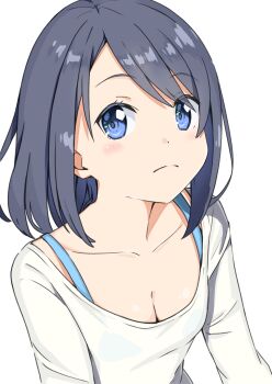 1girl absurdres blue_eyes blue_strap blush breasts cleavage closed_mouth collarbone dot_nose expressionless highres long_sleeves looking_at_viewer negimiso1989 original parted_bangs see-through_clothes shirt short_hair shoulder_strap sidelocks simple_background small_breasts solo upper_body white_background white_shirt