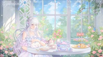 1girl absurdres bare_shoulders blue_eyes blue_sky bow breasts cake choker cleavage cloud commentary commission cup cupcake dress flower food frilled_choker frills hair_bow hair_flower hair_ornament hand_up highres lizhi35 long_hair macaron original parted_lips pink_flower purple_flower sitting sky sleeveless sleeveless_dress solo table teacup teapot tiered_tray tree vase very_long_hair white_choker white_dress white_hair white_rabbit_(animal)