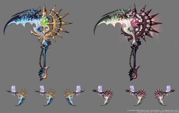 6+girls artist_name benya_(tales_weaver) blue_hair blue_shirt caesty chain commentary_request company_name copyright_notice dated_commentary english_text flower full_body gem green_gemstone grey_background hair_flower hair_ornament holding holding_scythe korean_commentary lily_(flower) long_hair multiple_girls nexon official_art production_art purple_gemstone reference_sheet scythe shirt simple_background standing straight_hair tales_weaver watermark web_address white_flower