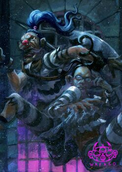 2boys acrylic_paint_(medium) axe black_hair blue_hair buggy_the_clown commentary dark galdino glasses highres makeup male_focus multiple_boys one_piece painting_(medium) ponytail prison_clothes red_nose sharp_teeth signature tears teeth tongue tongue_out traditional_media wafalo weapon weapon_on_back