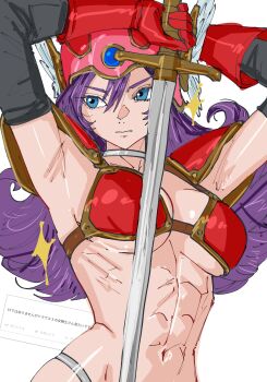 1girl abs absurdres armor armpits arms_up bikini_armor black_sleeves blue_eyes breasts closed_mouth commentary detached_sleeves dragon_quest dragon_quest_iii fan_request flipped_hair four-pointed_star gloves hair_between_eyes helmet highres holding holding_sword holding_weapon long_hair looking_to_the_side medium_breasts navel obliques odaibako plamja_jukov purple_hair red_armor red_gloves red_helmet request_inset shoulder_pads sideways_glance silver_collar simple_background solo sparkle stomach sword toned toned_female translated underboob upper_body v-shaped_eyebrows warrior_(dq3) weapon white_background